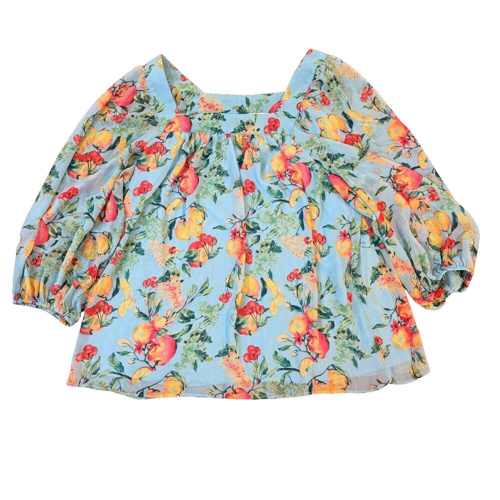 LC Lauren Conrad Blue Fruit Floral Blouse L Square Neck Puff Sleeve Cottagecore